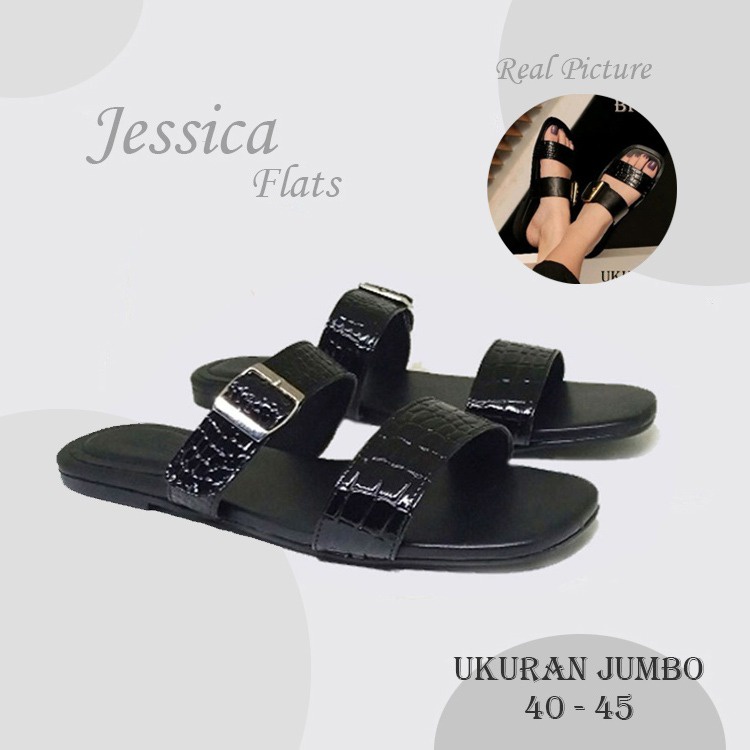 JESSICA X ZAGIB AMERICAN FLAT | Sandal Wanita Warna Hitam Big Size / Sendal Casual Cewe Ukuran Besar 40-45