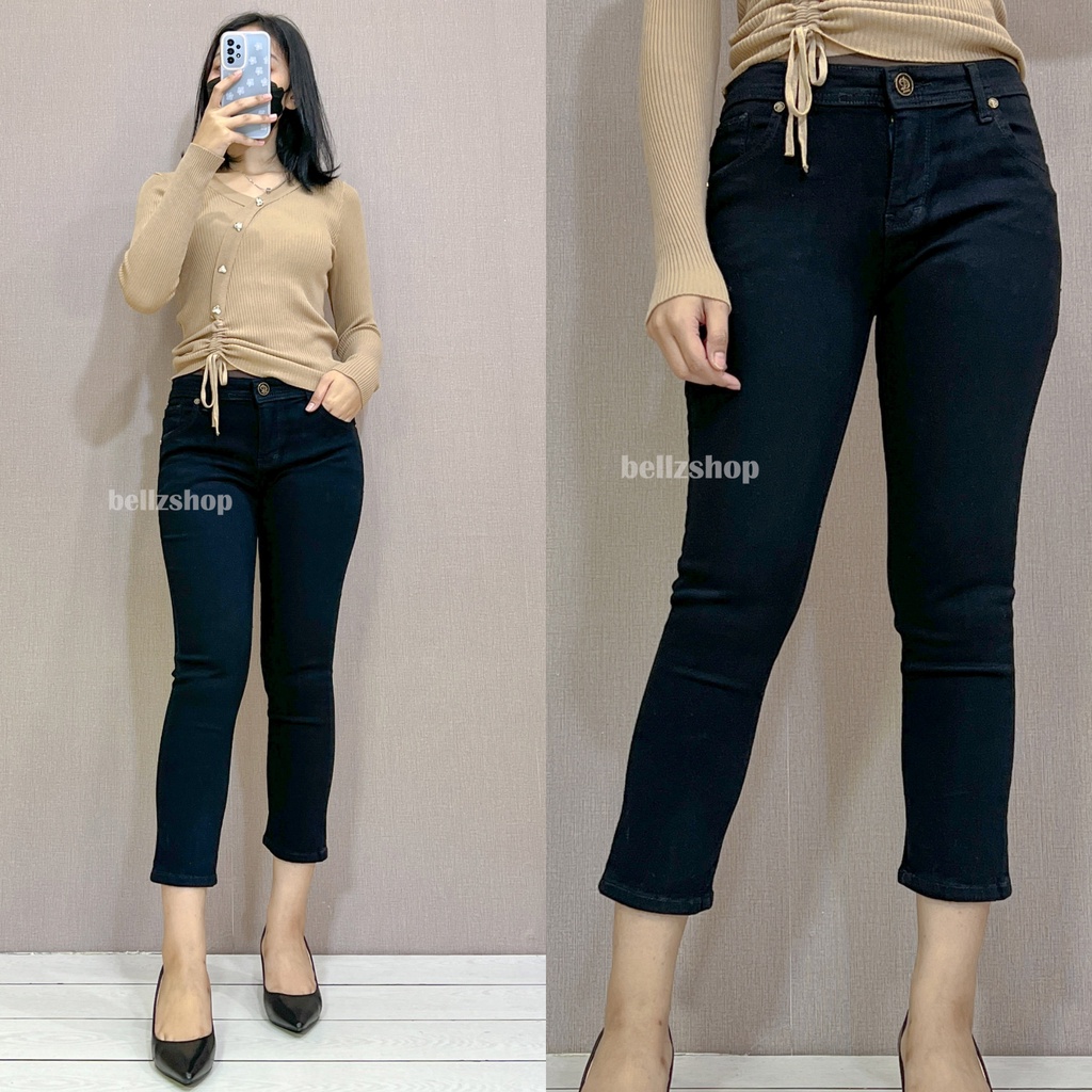 Celana Jeans 7 9 Wanita Pensil Hitam Pekat Stretch Jumbo Premium Bellzshop 7924 Size 27 sd 34