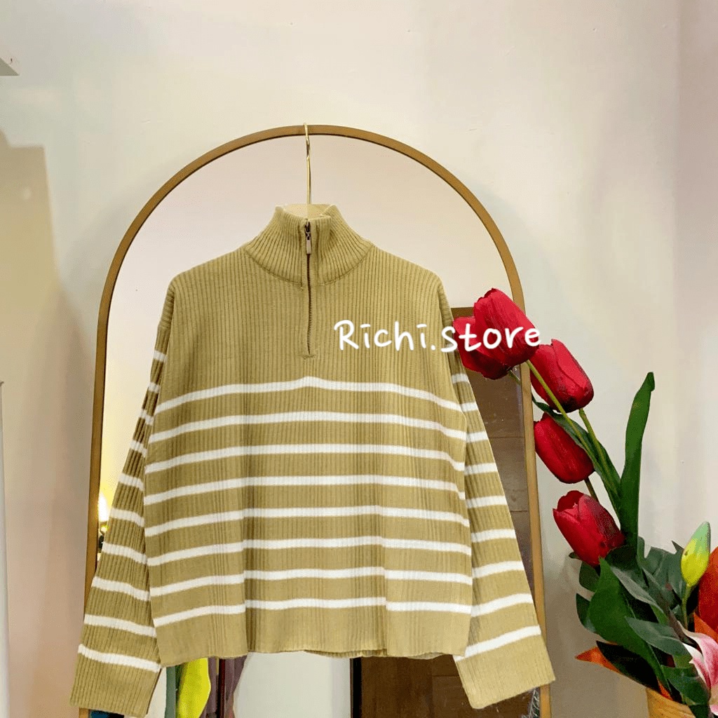 NANDA ZIPPER BLOUSE RAJUT TURTLENECK MOTIF GARIS