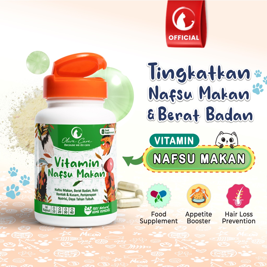 OLIVE CARE Vitamin Kucing NAFSU MAKAN untuk Nafsu Makan, Gemukin Badan, Bulu Rontok, Daya Tahan Tubuh dan Konstipasi