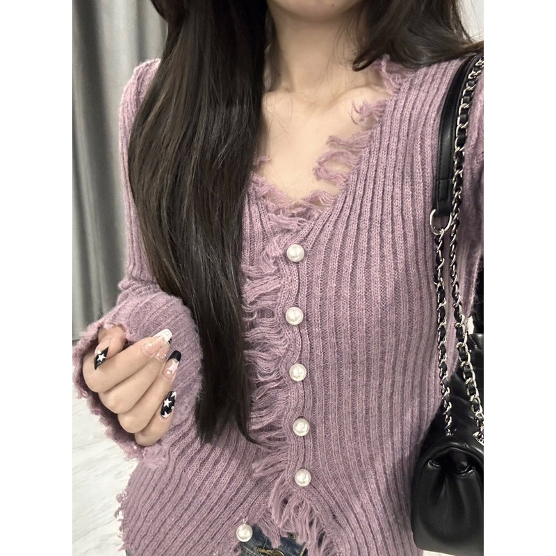 Red Ungu bertepi mentah V-neck sweater wanita musim semi dan musim gugur budidaya diri pelangsingan rasa desain niche chic awal musim semi rajutan cardigan top