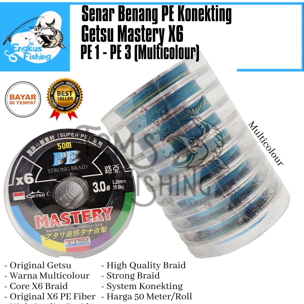 Senar Benang Pancing PE Getsu Mastery X6 Braid 50M/Roll (PE 1-PE3) Multicolor Murah - Engkus Fishing