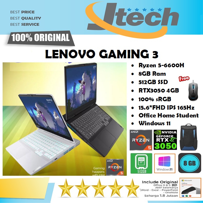 LENOVO IDEAPAD GAMING 3 - RYZEN 5-6600H - 8GB - 512GB SSD - RTX3050 4GB - 15.6&quot;FHD IPS 144Hz - WIN11 - OFFICE HOME STUDENT