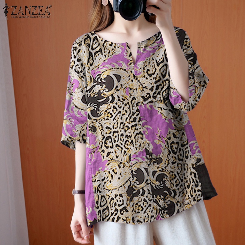 ZANZEA Women Round Neck Half Sleeve Leopard Print Blouse