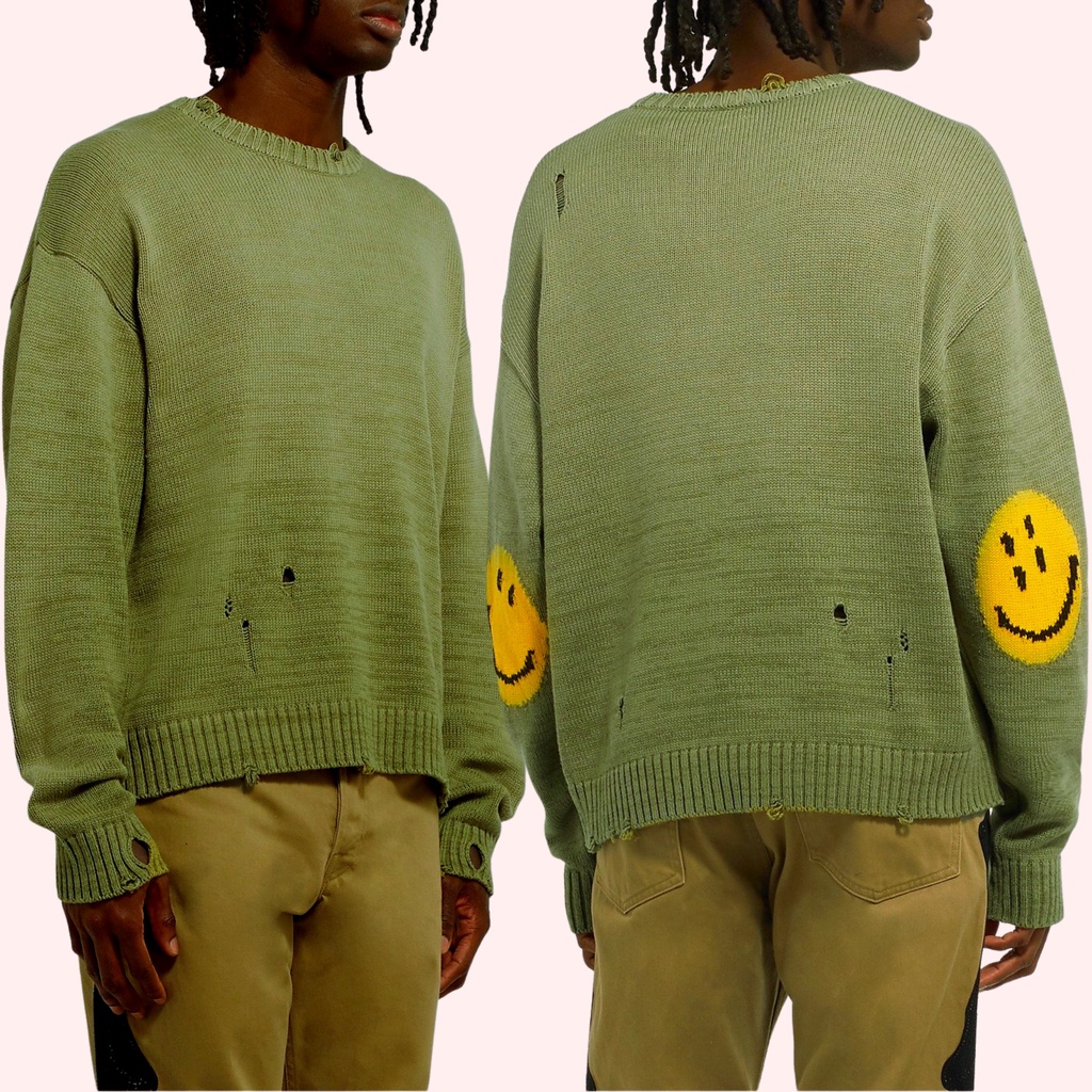 KAPITAL Japan Smiley Patch Knit Distressed Sweatshirt Crewneck (Army)