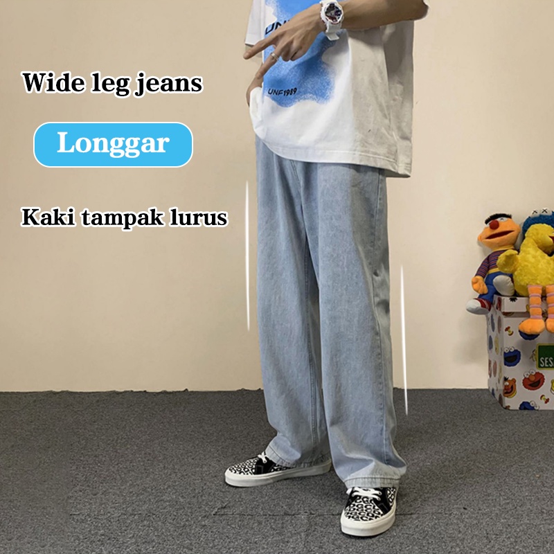 Celana Jeans Pria Model Kulot Oversize Straight jeans korean style longgar celana panjang pria baggy pants Putih celana kulot jeans gombrang