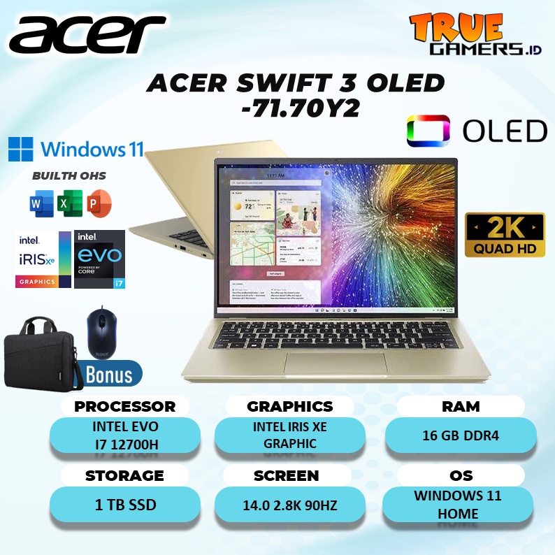 ACER SWIFT 3 OLED  EVO SF314 I7 12700H 16GB 1TBSSD IRISXE W11 14.0 2.8K 90HZ