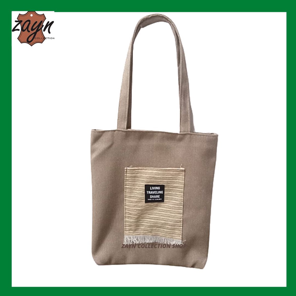 Tote Bag Wanita Resleting Kanvas Premium Shoulder Bag/Tas Bahu Perempuan