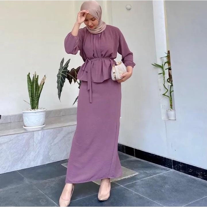 SRIWA One Set Gamis Setelan Wanita Crinkle Dini Set Rok Dan Atasan Os01-Ungu