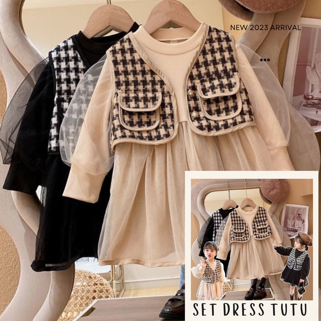 Set Dress tutu anak perempuan plus tweed vest | Dress pesta anak perempuan mewah impor