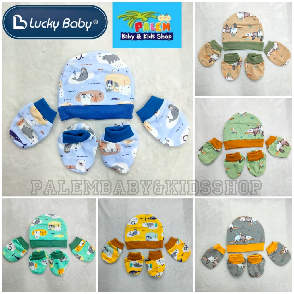 Topi Set Baby Lucky New Born Motif (Sarung Tangan &amp; Kaki) 1pcs