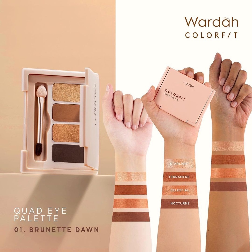 WARDAH Colorfit Quad Eye Palette Indonesia / Eyeshadow 4 IN 1 / Pigmented Blendable Microsmooth Creasing / Matte Shimmer Natural / 01 Brunette Dawn 02 Rose Aurora 03 Sunlit Blaze / Cosmetic Face Makeup Series / Highlighter Highlight Contour Bronzer Shadow