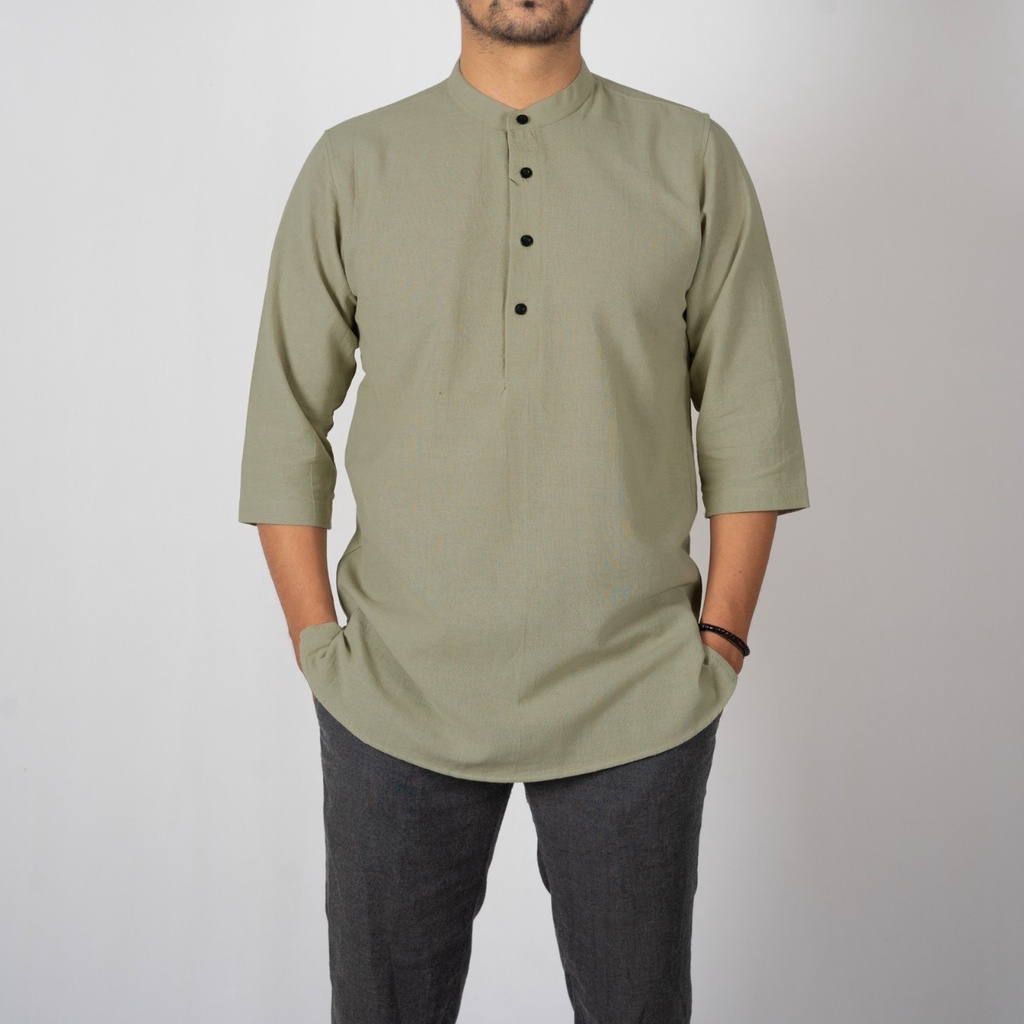 AL HABSYI Baju Muslim Pria Dewasa Original Kurta Lengan Tiga Perempat Koko Linen Pakaian Kurta Pakistan Premium Terbaru RAMY MOCCA