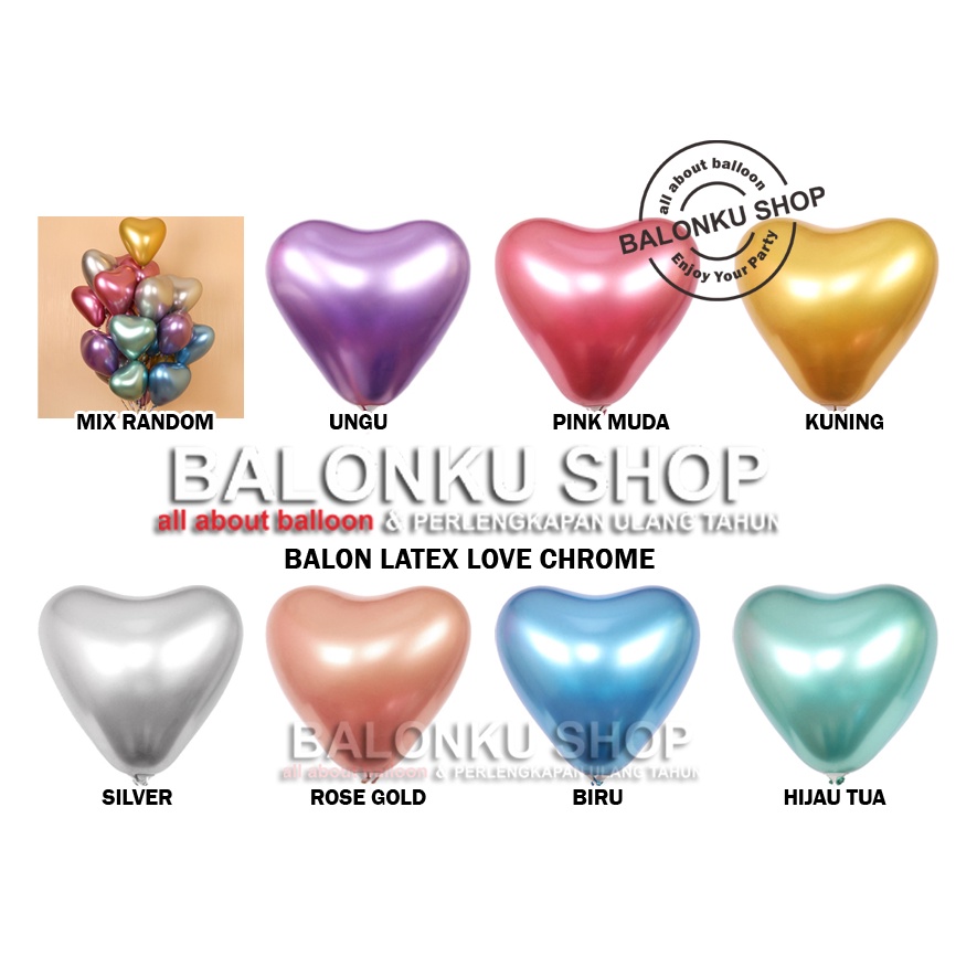 Balon Latex Love Chrome / Balon Karet Hati Chrome / Balon Love