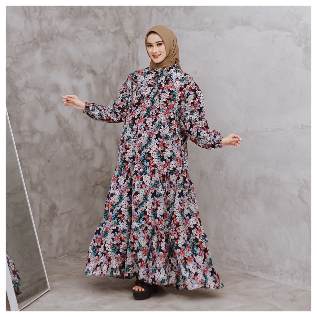 Bnl Indonesia Dress Wanita Model Bunga Samma Gamis Hitam Corak Gamis Perempuan Bahan Premium Import 