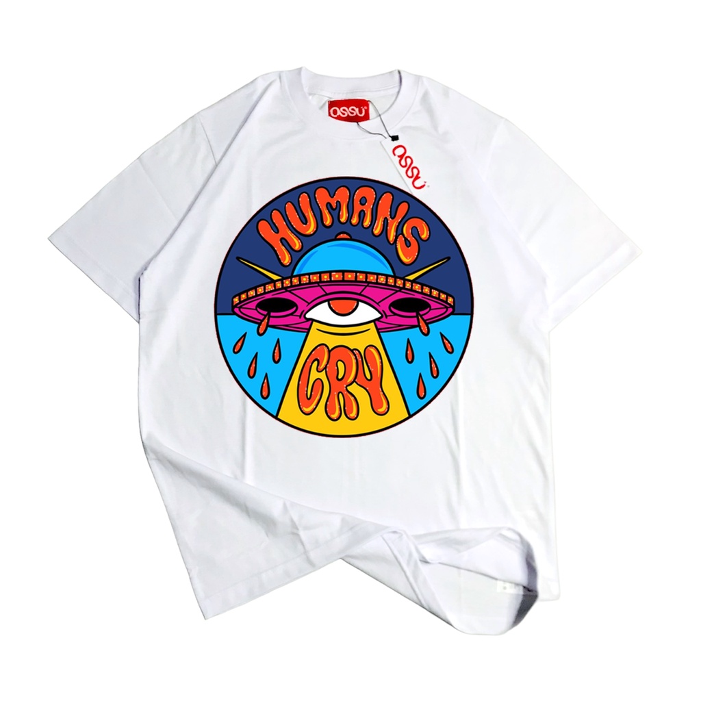 Ossu Official "Humans Cry" Reguler T-Shirt | Stone Wash | Black | White | Kaos Kartun Humanis Cry | 