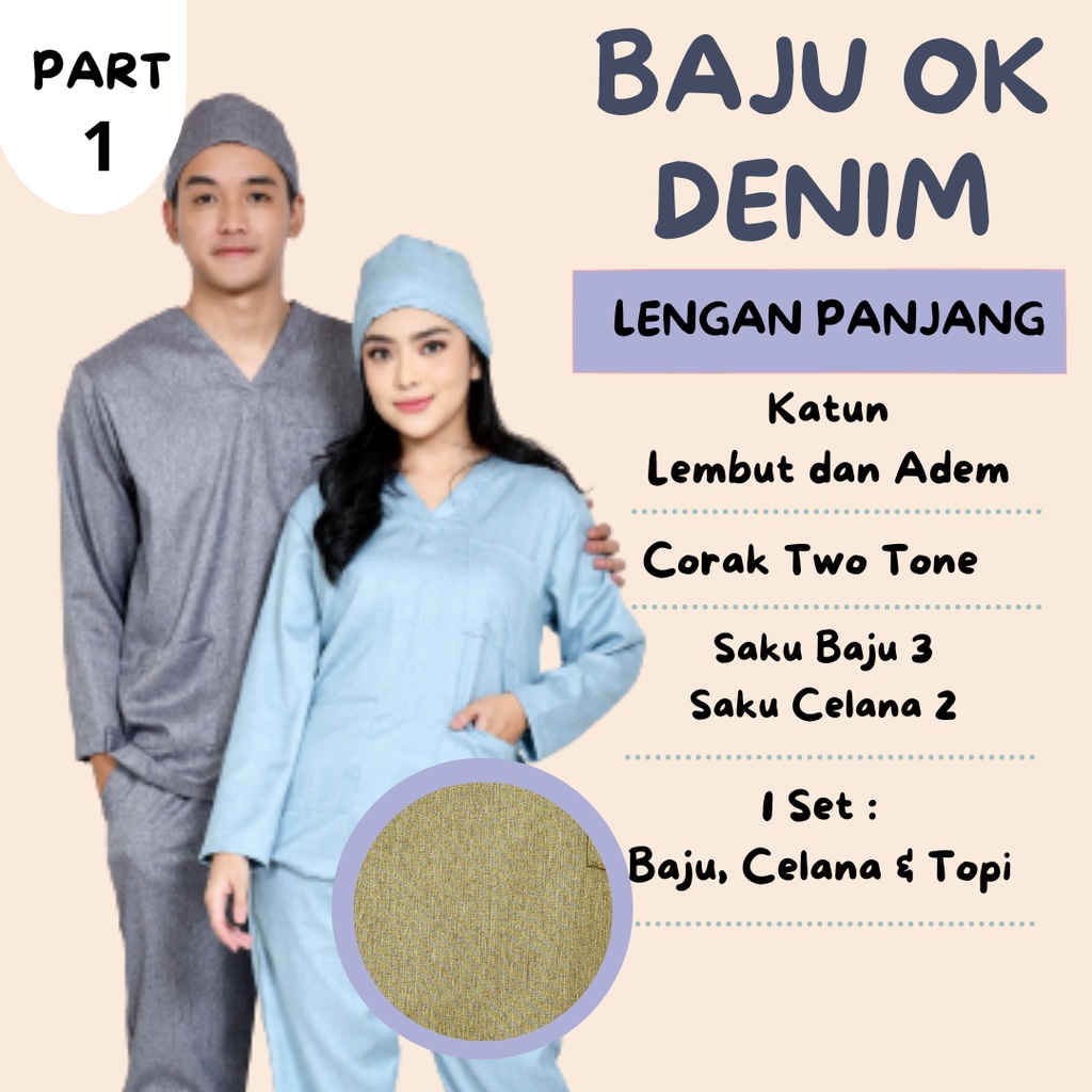 Baju OK DENIM / Baju Jaga / Scrub Medis DENIM Lengan Panjang DOCHS MEDIC
