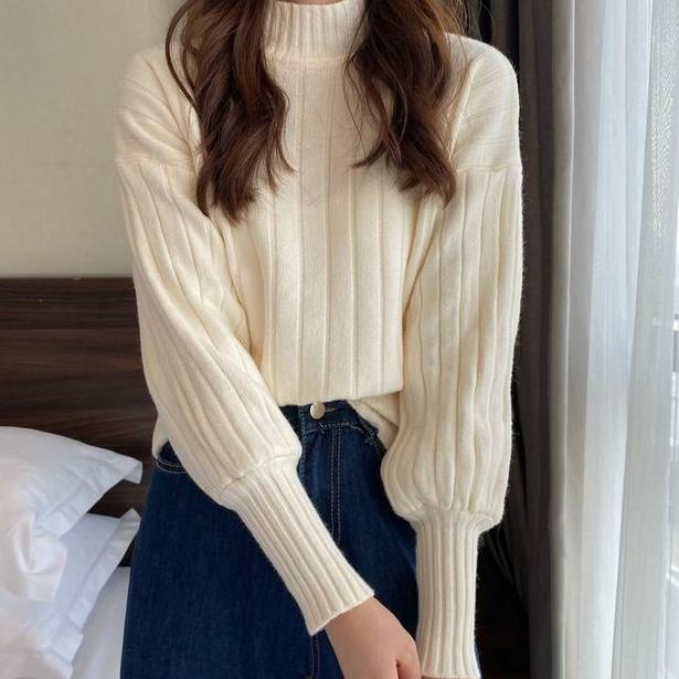STOK TERBARU Aera Baju Rajut Wanita Korean Style Blouse Turtleneck Lengan Balon Halus Tebal Premium 