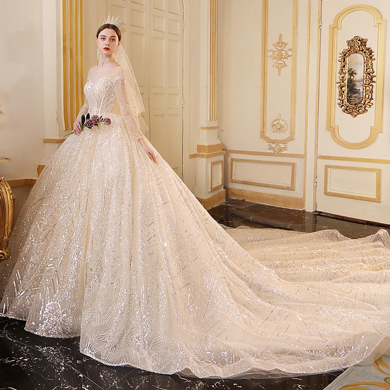 Sekin Gaun pengantin Lengan Panjang 1M Ekor Panjang Women Bridal Dresses Wedding Ballgown