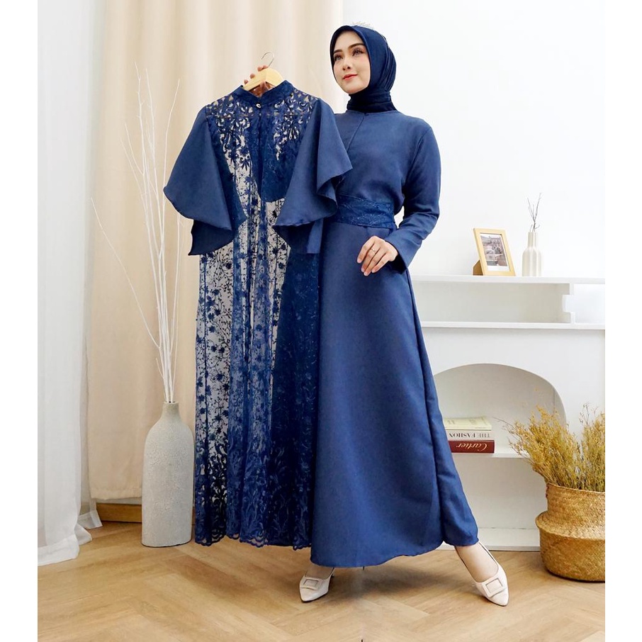 (Pasti Realpict) 2IN1 GEORGINA DRESS INNER + OUTER BRUKAT TILLE PREMIUM / FREE BELT / SET GAMIS MAXI DRESS KONDANGAN