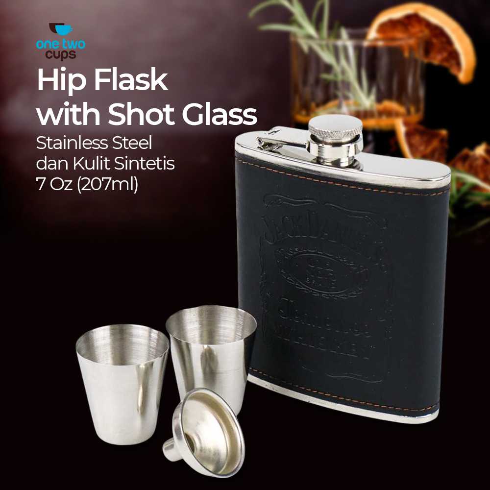 

One Two Cups Botol Bir Hip Flask Stainless Leather 7Oz with Shot Glass