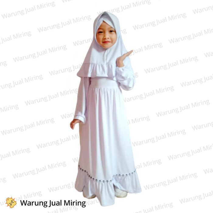 gamis anak  Gamis Anak Denisha 1-12 Tahun Setelan Baju Muslim Perempuan Jersey Set - Putih, Ukuran R