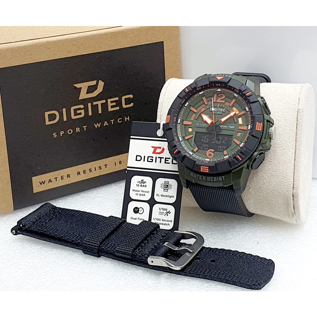 Jam Tangnan Pria Digitec 2130 Double Time Strap Kanvas Plus Bonus Tali Original