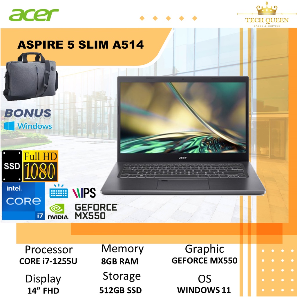 ACER ASPIRE 5 SLIM A514 - MX550 2GB I7 1255U 8GB 512SSD WINDOWS 11+OHS 14.0 INCHI FHD IPS THUNDERB BLIT FP GRY