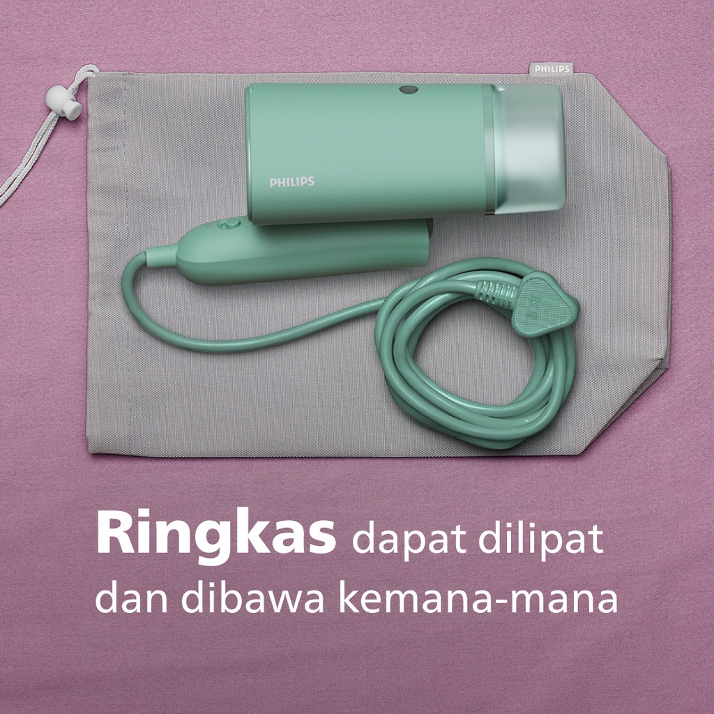 PHILIPS SETRIKA UAP STH-3010 HANDHELD STEAMER PORTABLE DAPAT DILIPAT TANGKI 100 ML COMPACT FOLDABLE  STRIKA TRAVEL SETERIKA SETRIKAAN HIJAU STROGE BAG DAPAT TAS DAPAT DIBAWA KEMANA MANA GARANSI RESMI 2 TAHUN