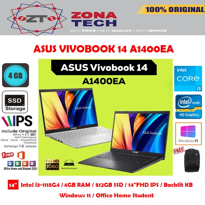 ASUS VIVOBOOK A1400EA - i3-1115G4 - 4GB - 512GB SSD - BACKLIT KB - 14&quot;FHD IPS - WIN11 - OHS