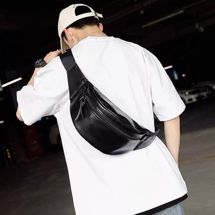 NAURIL - TAS SELEMPANG KULIT DISTRO PRIA IMPORT SLEMPANG COWOK MURAH OLAHRAGA ANTI AIR SLING BAG WAISTBAG LEATHER