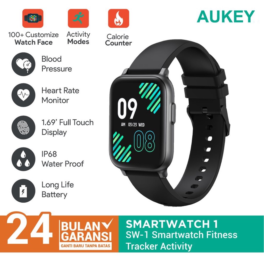 AUKEY SW-1 - Smartwatch Fitness Tracker Waterproof Heart Rate Sensor - Jam Tangan Pintar dengan Pengukur Detak Jantung dan Kadar Oksigen dalam Darah