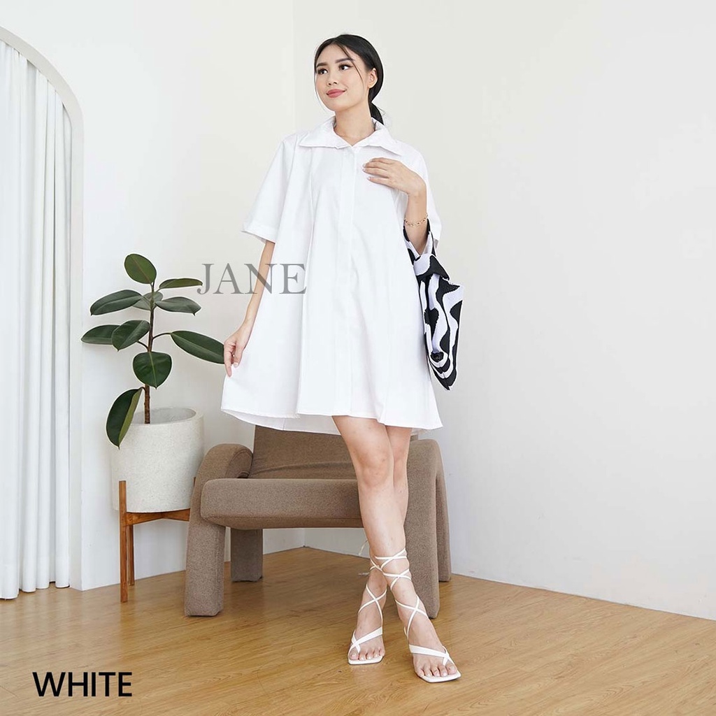 JANE COLLECTION || Dress Oversize Kancing Depan Kemeja Kantor Wanita Basic Cotton Casual Midi Ukuran Bigsize Jumbo Loose Dress Katun Milly