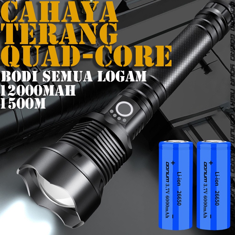 Senter cahaya kuat luar ruangan quad-core P70LED sumbu teleskopik zoom 1500M iradiasi dua baterai li