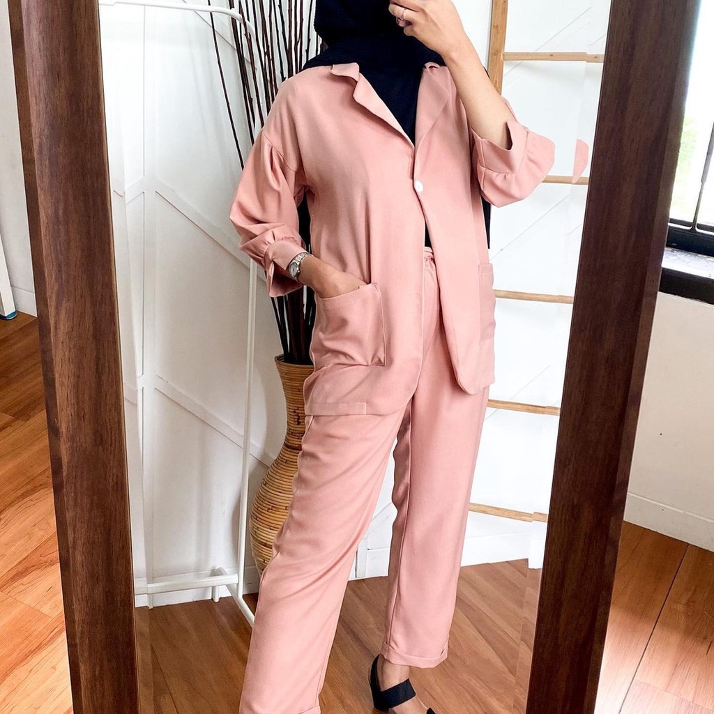 CAVAREZ SET Bahan Wollycrepe Pakaian Wanita Setelan Baju Dan Blazer + Celana Model Kekinian