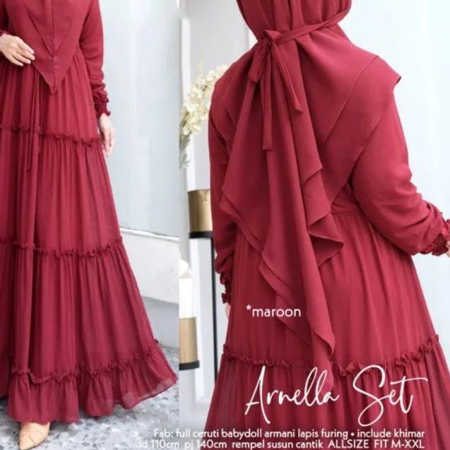 ✈ [ COD ] Arnella Syar'i / Setelan Muslim Gamis + Jilbab Terlaris / Gamis Polos Matt Ceruty Babydoll