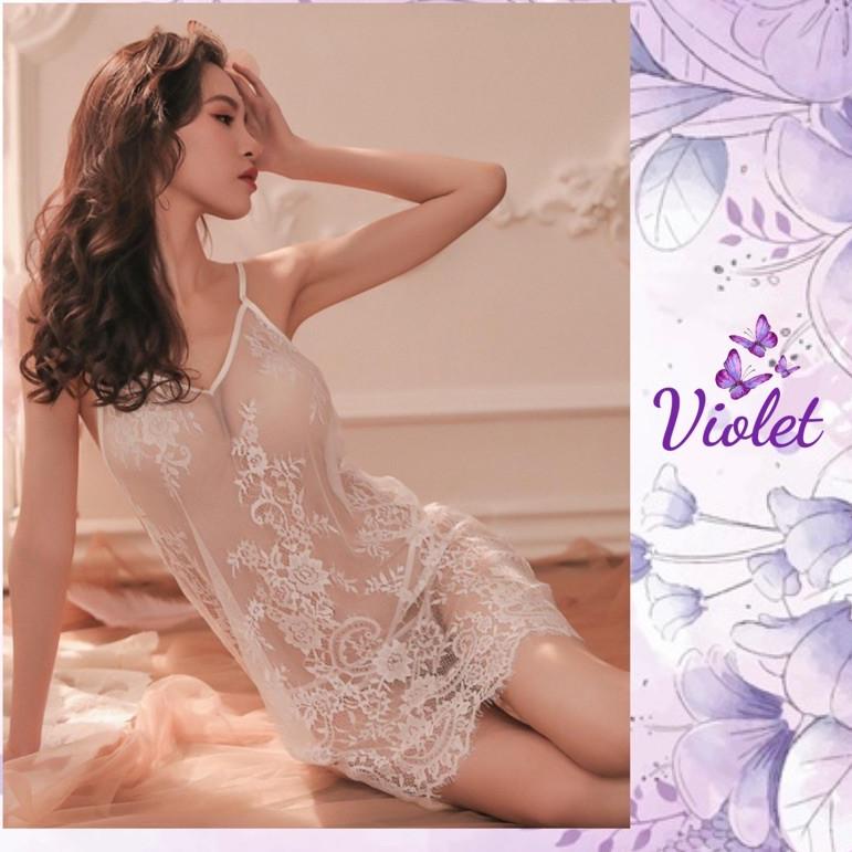 Violet Lingerie Seksi Transparan Baju Tidur Musim Panas Tipis Renda Bunga 1090 SALE