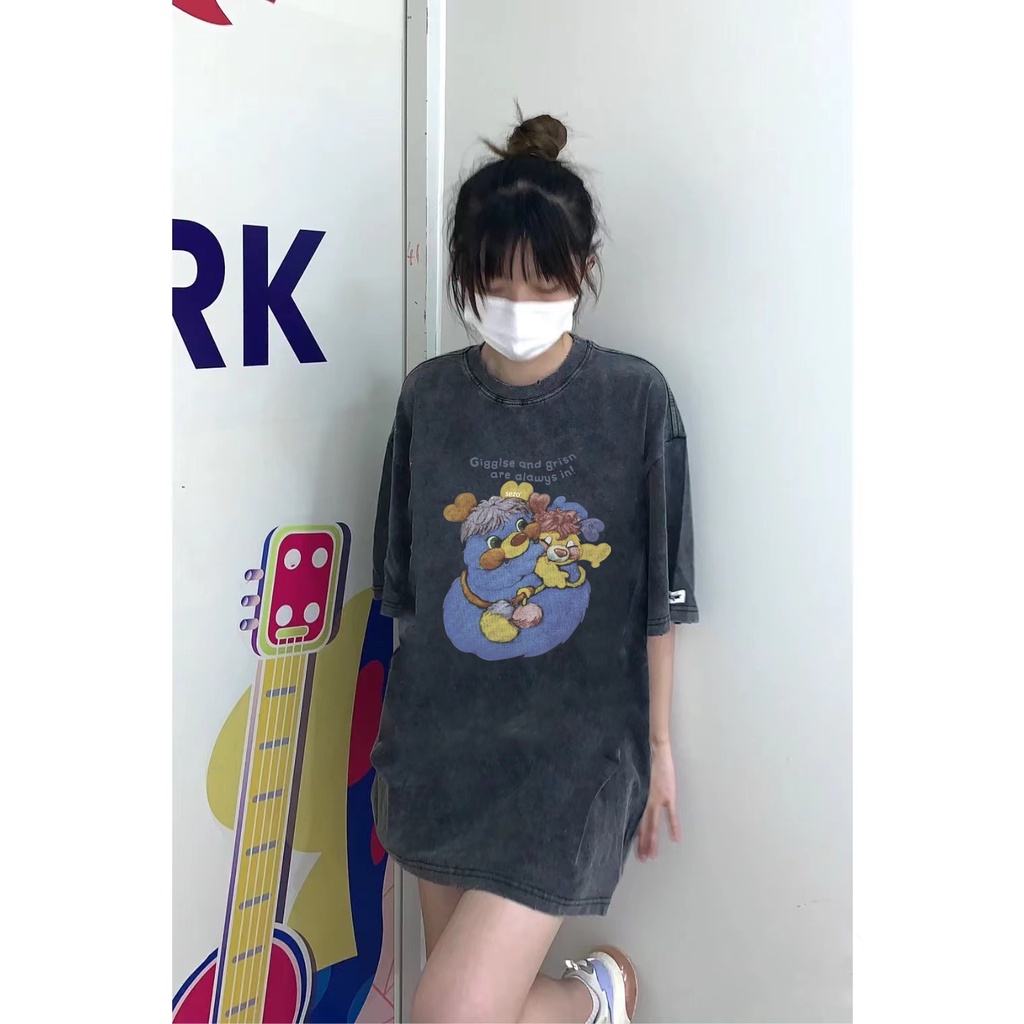 XiaoZhaiNv Korean Style Cartoon Pattern Washed Printing Kaos Wanita A0173