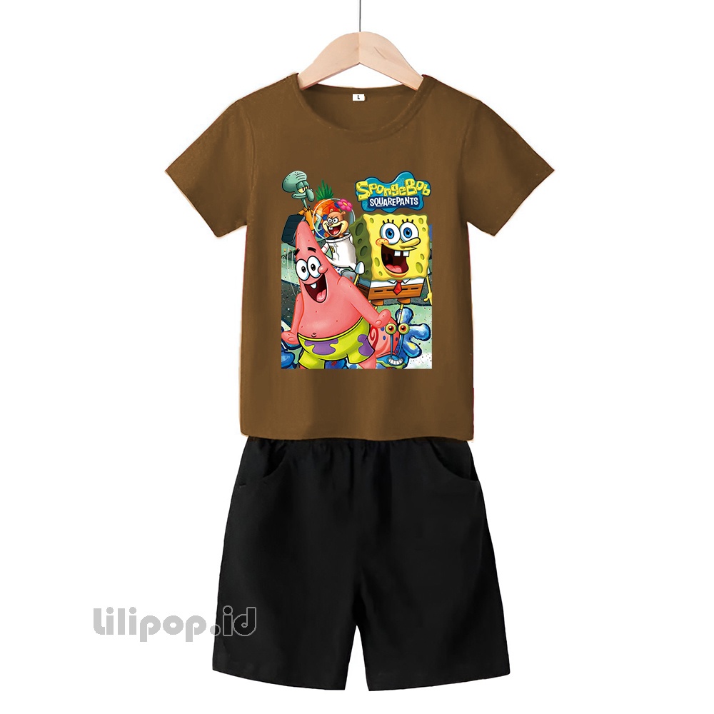 Baju Anak Stelan Kaos 3/4 Spongebob patrik Cowok Cewek  Usia 2 - 7 Tahun Celana Pendek Harian