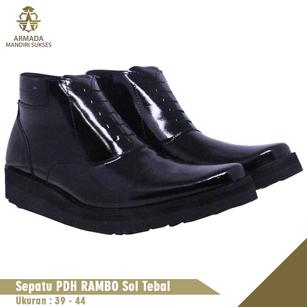 Sepatu PDH Rambo Sol Tebal Kulit Mengkilap - Sepatu Kulit Tali Lux