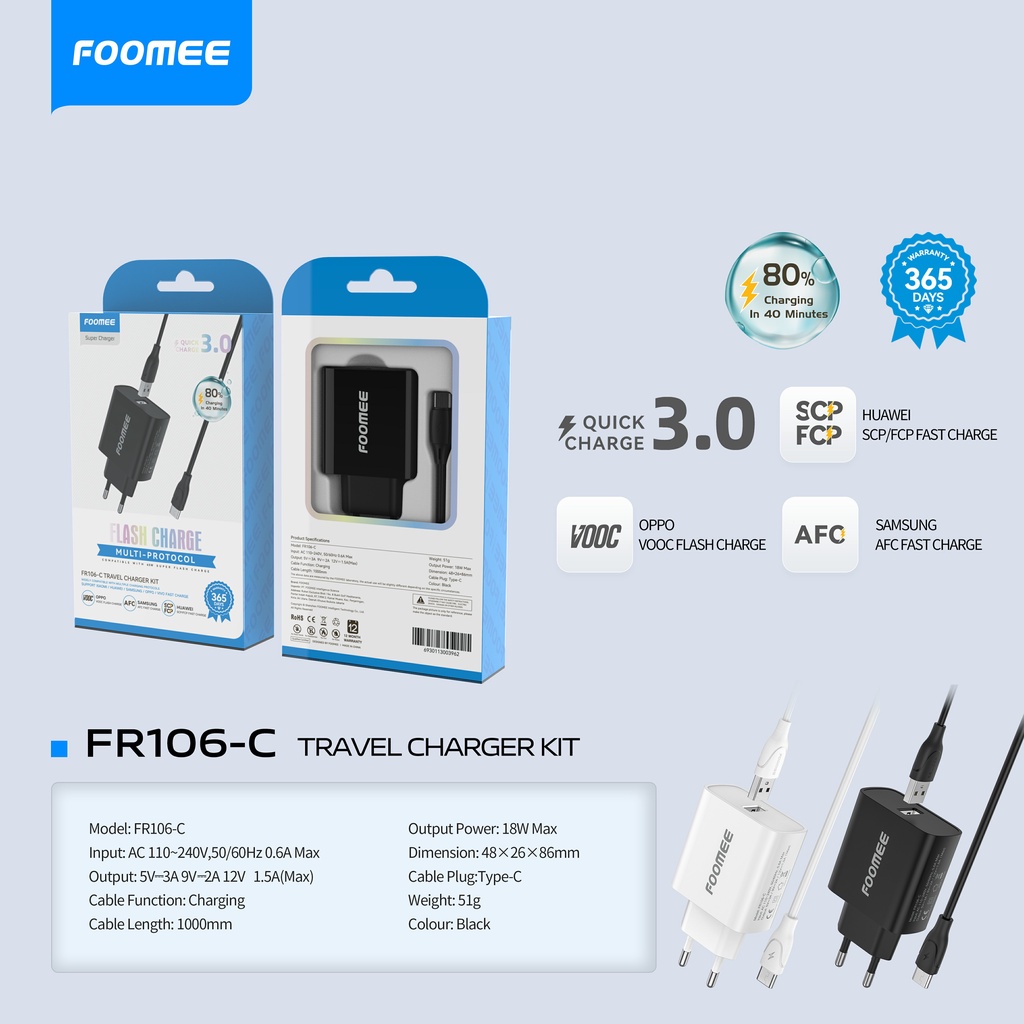Foomee FR106-C Charger Type-C Multi Protocol QC 3.0A 18W Type-C Original Foomee