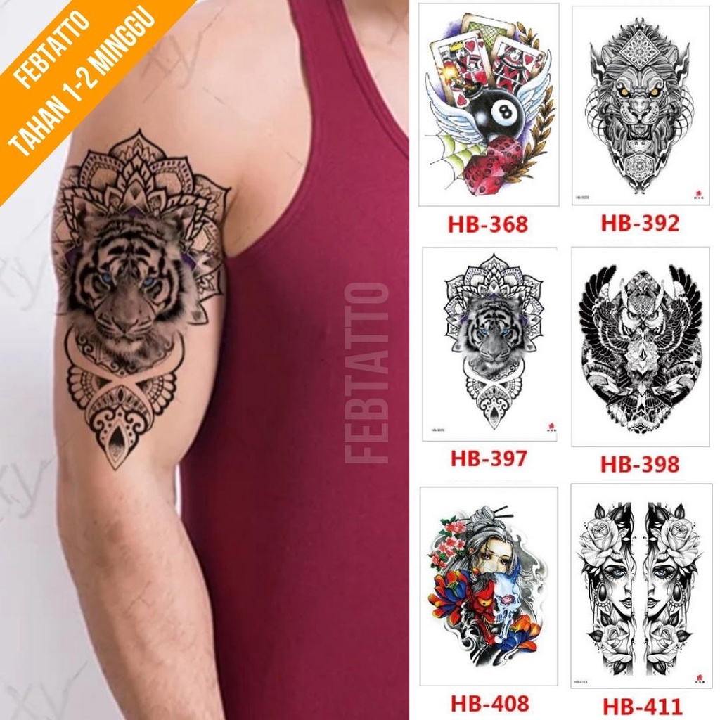 Tato Temporer Ukuran 21cmx15cm Motif Aesthetic Tatto Temporary Stiker Tato Halal Grosir Tato air motif macan, perempuan, bunga, kartu, burung  HB 397