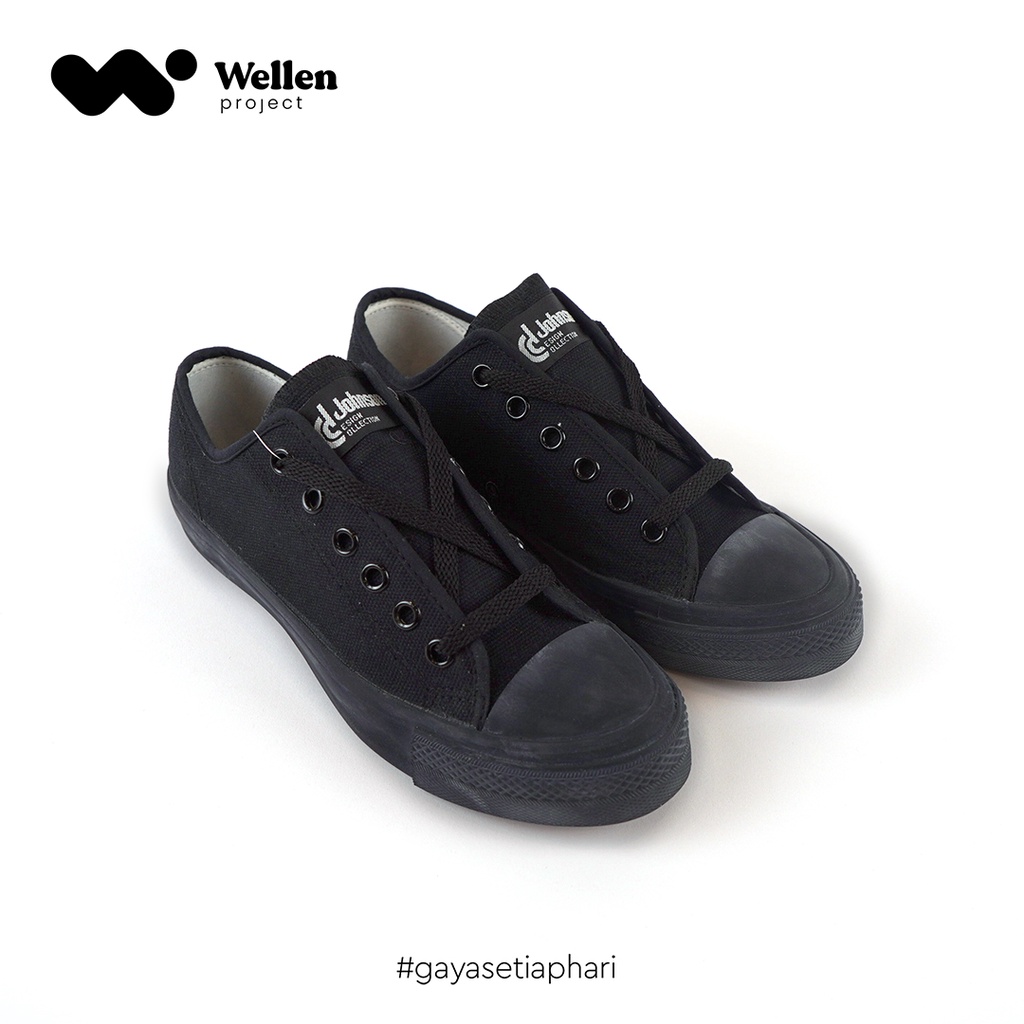 WELLEN PROJECT Johnson Basic Lowcut Black Mono / Sepatu Sneakers Kasual Full Hitam