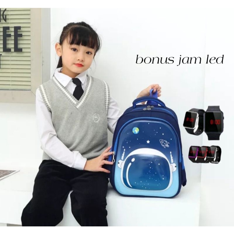 tas anak perempuan - tas sekolah anak - tas astronot - ransel sekolah anak (BONUS JAM LED)