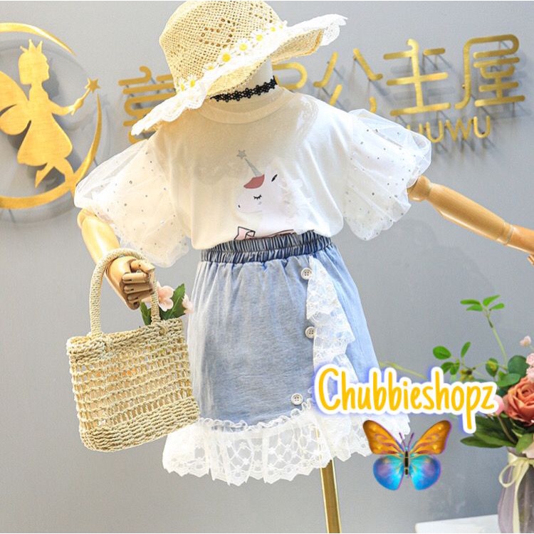 CHUBBI 19 Setelan Set 2in1 Anak Perempuan Kaos Uni Cute Girl + Rok Jeans