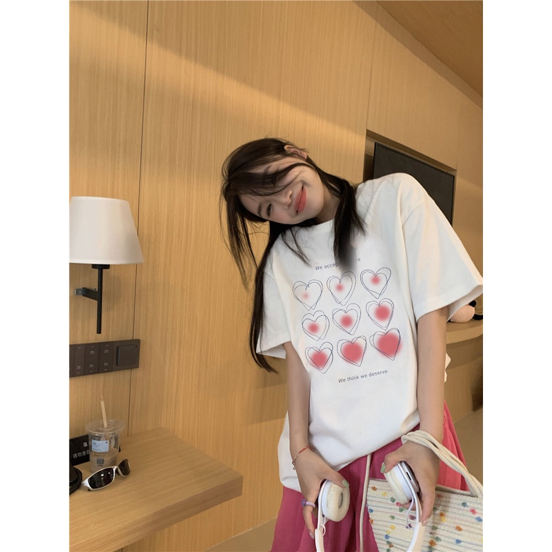 EUNII T-shirt Lengan Pendek Pink Heart  Korean Style/Kaos Atasan Wanita/Baju Kaus Oversize Wanita/Kaos Wanita