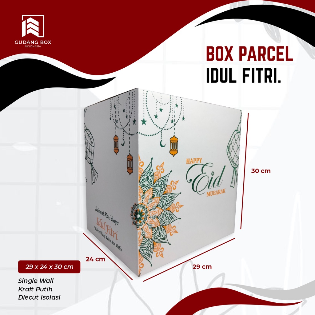 

Kardus Box Parcel EID Mubarak Putih - Uk. 29 x 24 x 30 cm Karduslebaran/Parcelbox/Kardus/Giftbox/IdulFitri/BoxLebaran/KardusParcel