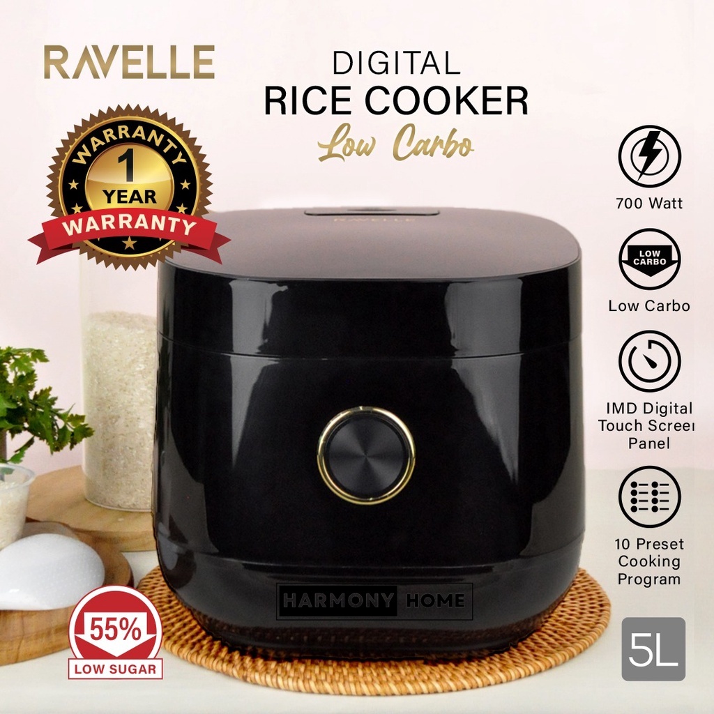 Rice Cooker Low Carbo Ravelle RCR-5LS Black Rice Cooker Low Carbo 5 Liter Original Garansi Resmi Smart Digital Rice Cooker Low Carbo Low Sugar 5L NEW - Black