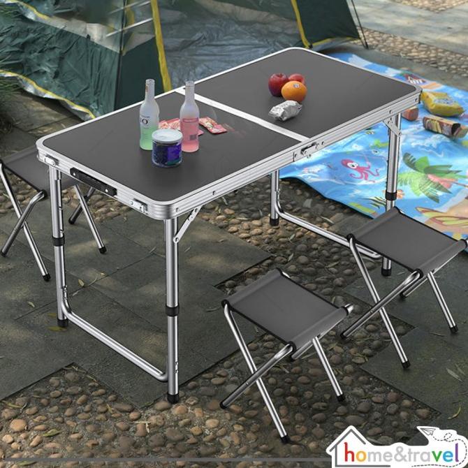 HOVELSHOP Meja Lipat Koper HPL Aluminum Portable Set 2 Kursi Serbaguna
