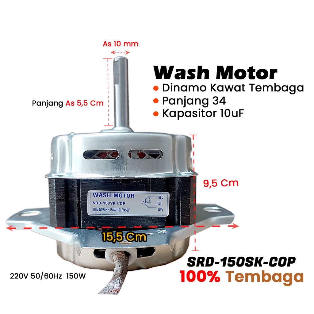 (H) Dinamo Tembaga Wash Motor Mesin Cuci As 10mm Merk Sanken SRD 150SK COP Cocok untuk Merk Mesin Cuci Lainnya